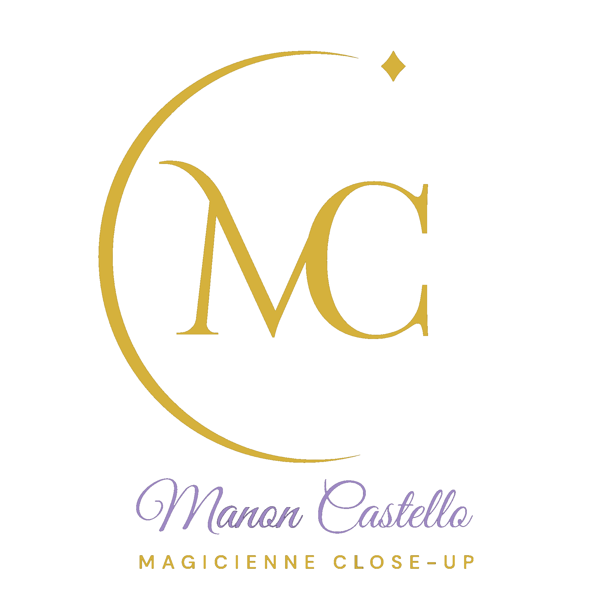 Logo doré et violet Manon Castello magicienne close-up